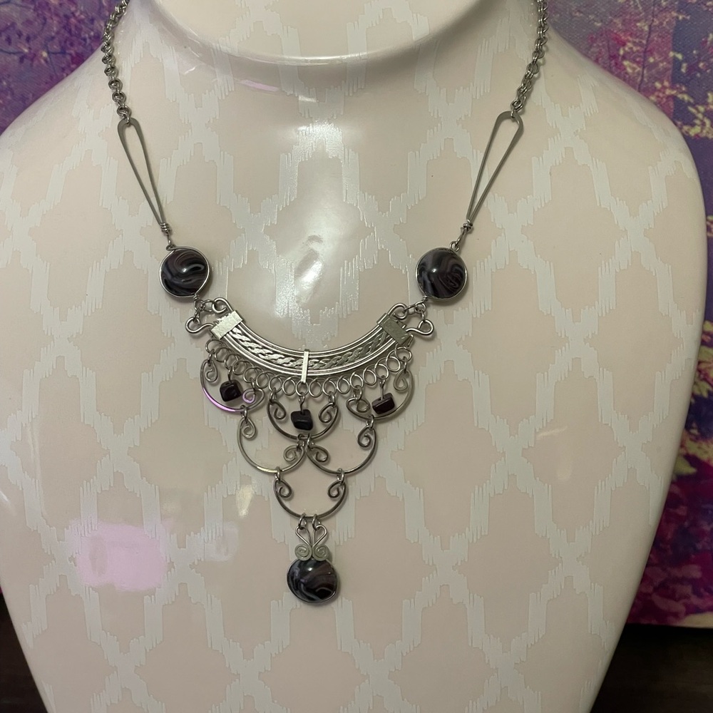 Silver and Black Chandelier Necklace with Beads‎ - Handmade in Thailand